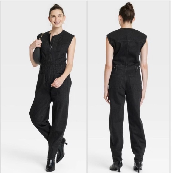 NWT Universal Thread Sleeveless Denim Jumpsuit Zip Front Coveralls Size 4 Black - Picture 2 of 15